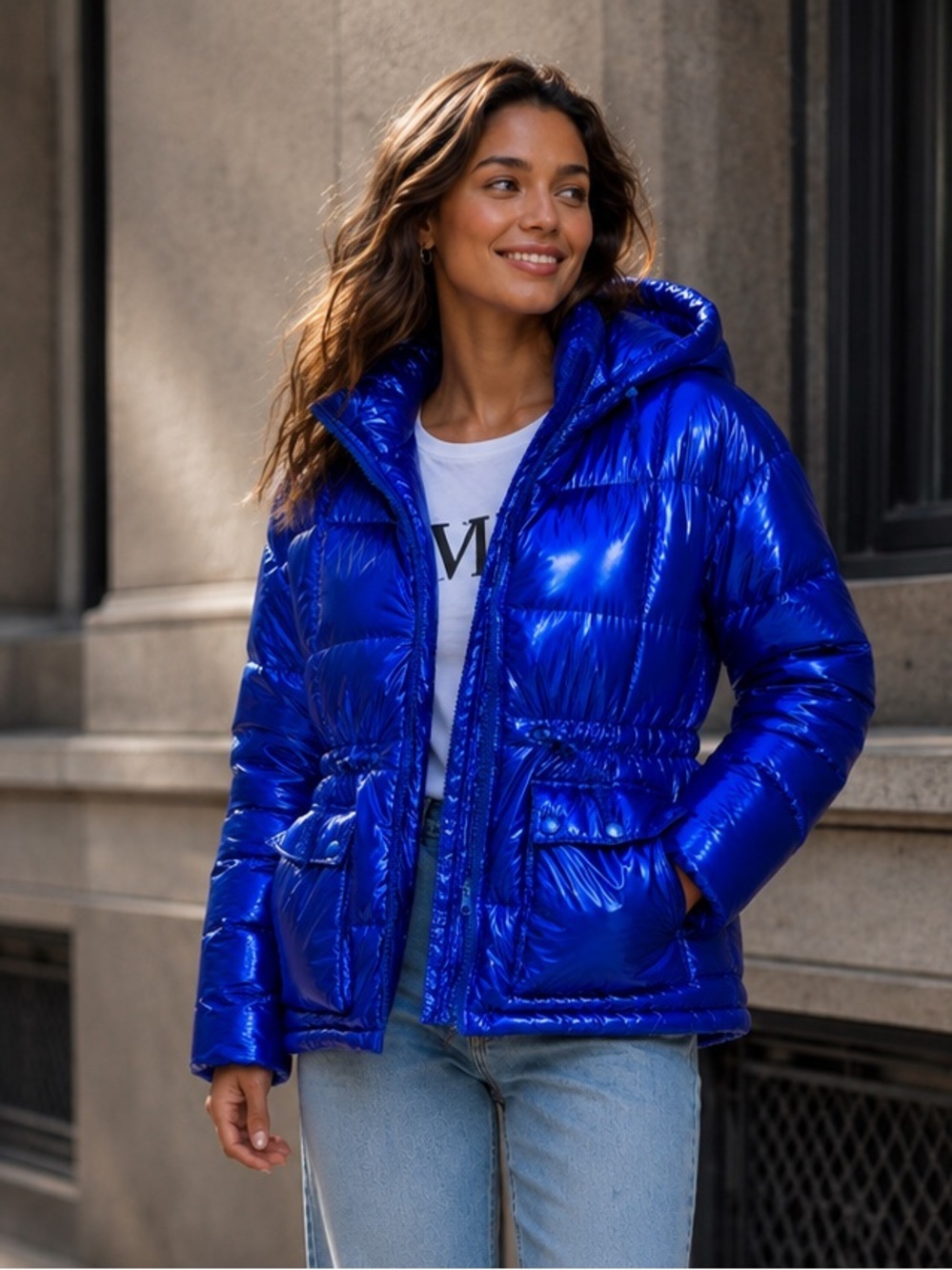 Levi’s Megan Hooded Puffer Jacket Medium Polished Royal Blue High Shine